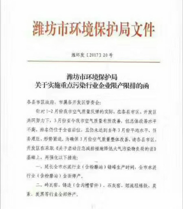 2017年濰坊環(huán)保局對我公司下達多軸鉆床方面的限排通知函